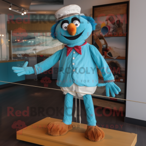 Turquoise Tightrope Walker mascot costume character dressed with a Dress Shirt and Foot pads