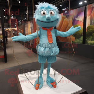 Turquoise Tightrope Walker mascot costume character dressed with a Dress Shirt and Foot pads