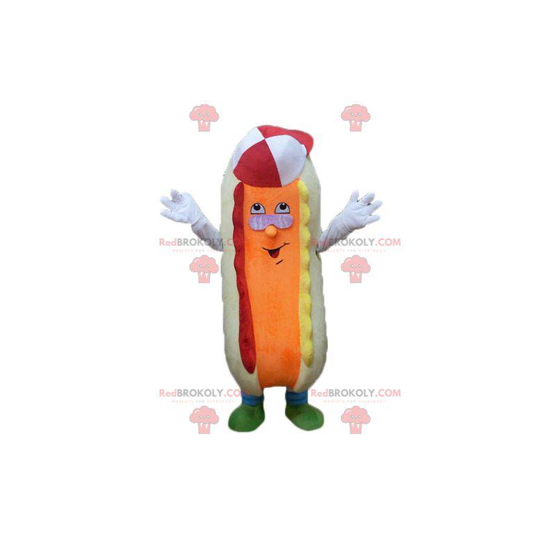 Barevné a vtipné béžové a oranžové maskot hot dog -