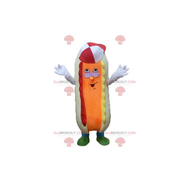 Colorful and funny beige and orange hot dog mascot -