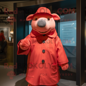 Red Pig mascot costume character dressed with a Raincoat and Berets