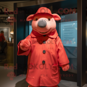 Red Pig mascot costume character dressed with a Raincoat and Berets