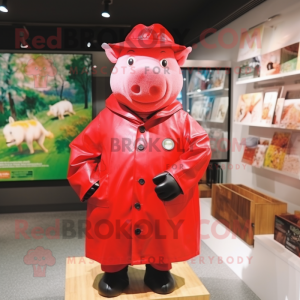 Red Pig mascot costume character dressed with a Raincoat and Berets