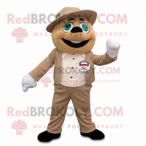 Tan Momentum mascot costume character dressed with a Corduroy Pants and Lapel pins