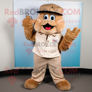 Tan Momentum mascot costume character dressed with a Corduroy Pants and Lapel pins
