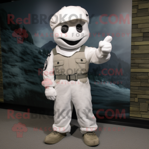 White Army Soldier mascot costume character dressed with a Overalls and Beanies