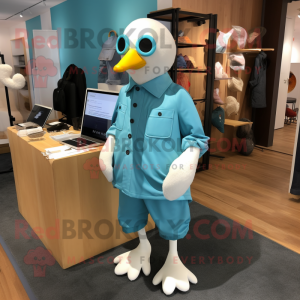Cyan Seagull mascot costume character dressed with a Chinos and Coin purses