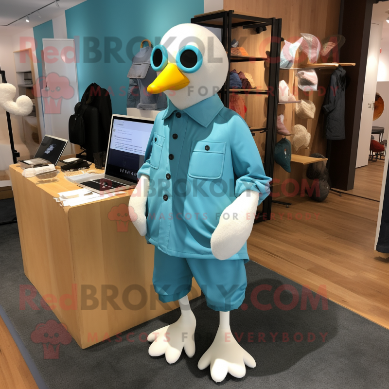 Cyan Seagull mascot costume character dressed with a Chinos and Coin purses Cyan Seagull mascot costume character dressed with a Chinos and Coin purses