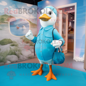 Cyan Seagull mascot costume character dressed with a Chinos and Coin purses