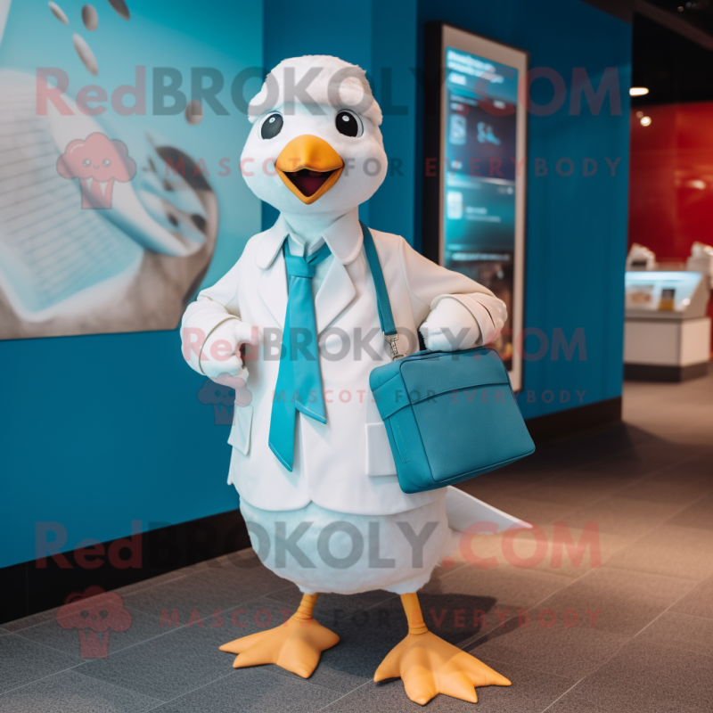 Cyan Seagull mascot costume character dressed with a Chinos and Coin purses