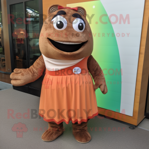 Brown Salmon mascot costume character dressed with a Maxi Skirt and Foot pads