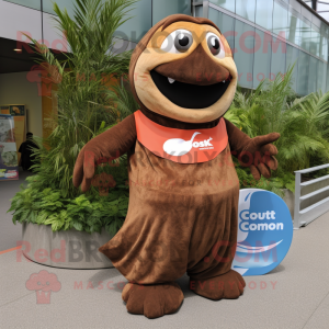 Brown Salmon mascot costume character dressed with a Maxi Skirt and Foot pads