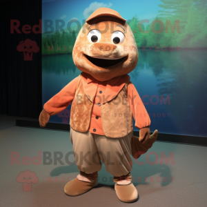 Brown Salmon mascot costume character dressed with a Maxi Skirt and Foot pads