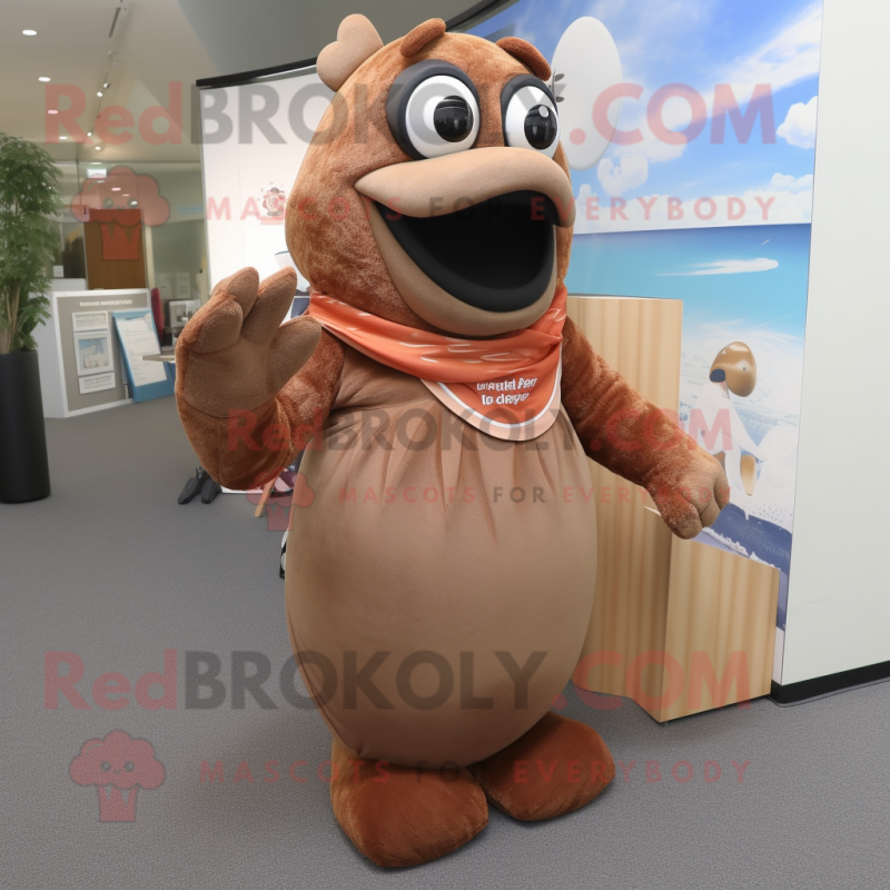 Brown Salmon mascot costume character dressed with a Maxi Skirt and Foot pads