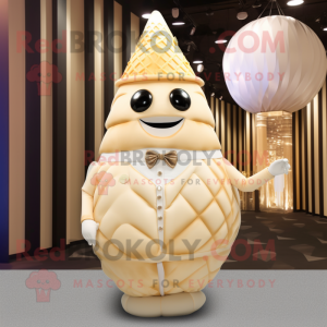 Beige Ice Cream Cone mascot costume character dressed with a Ball Gown and Tie pins