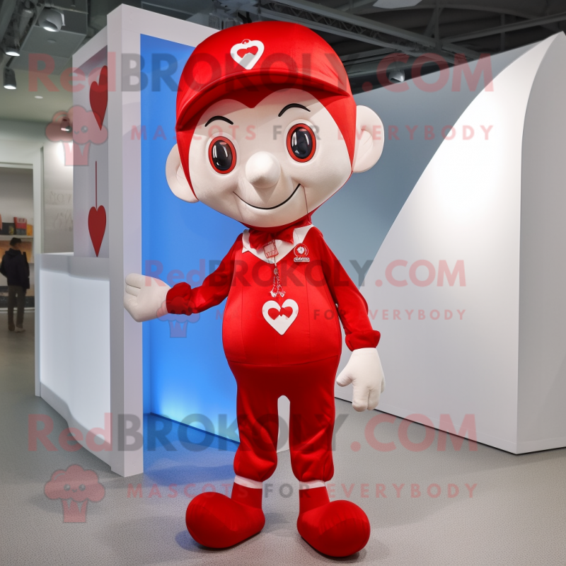Red Arrow Of Love mascot costume character dressed with a Henley Shirt and Suspenders