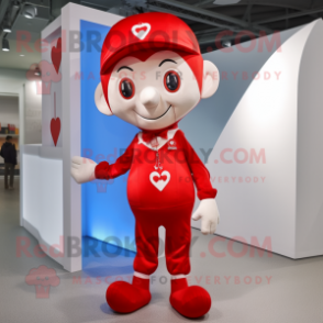 Red Arrow Of Love mascot costume character dressed with a Henley Shirt and Suspenders