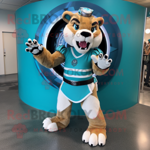 Teal Saber-Toothed Tiger mascot costume character dressed with a Circle Skirt and Gloves