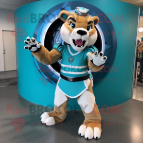 Teal Saber-Toothed Tiger mascot costume character dressed with a Circle Skirt and Gloves