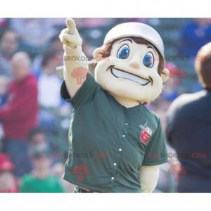 Mascot boy with blue eyes with a saucepan on his head -