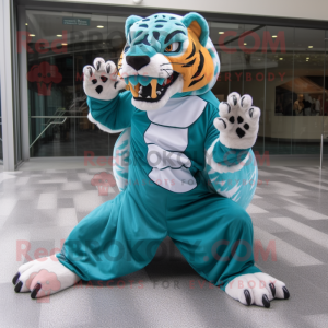 Teal Saber-Toothed Tiger mascot costume character dressed with a Circle Skirt and Gloves