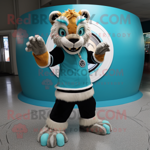 Teal Saber-Toothed Tiger mascot costume character dressed with a Circle Skirt and Gloves