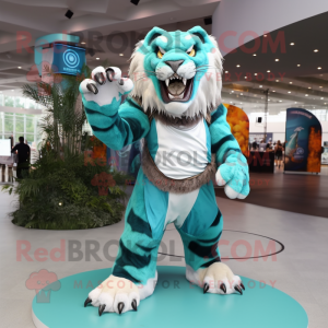 Teal Saber-Toothed Tiger mascot costume character dressed with a Circle Skirt and Gloves