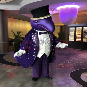 Purple Humpback Whale mascot costume character dressed with a Tuxedo and Necklaces