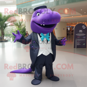 Purple Humpback Whale mascot costume character dressed with a Tuxedo and Necklaces