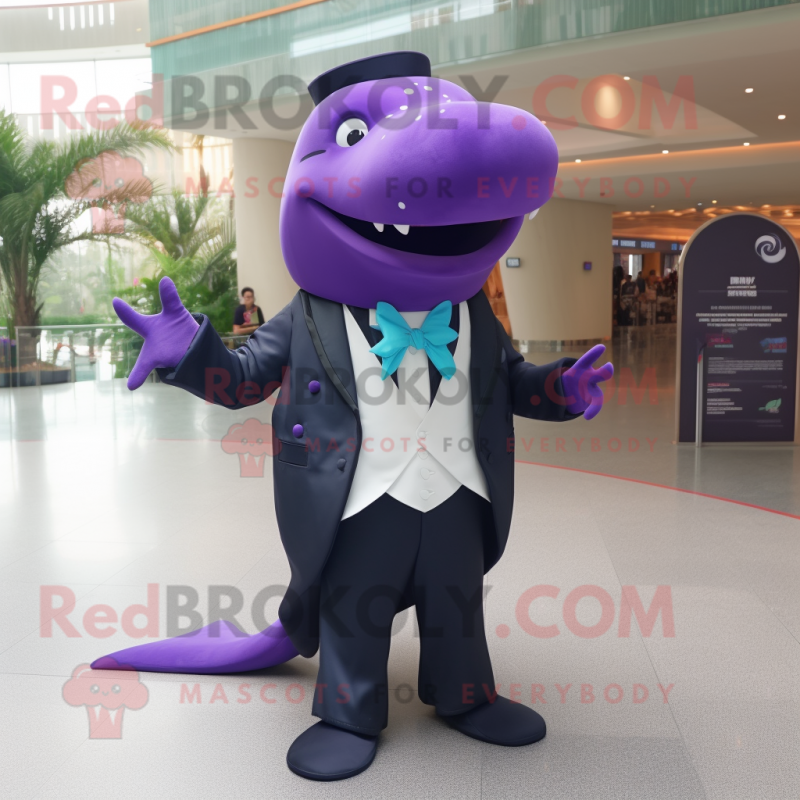 Purple Humpback Whale mascot costume character dressed with a Tuxedo and Necklaces Purple Humpback Whale mascot costume character dressed with a Tuxedo and Necklaces