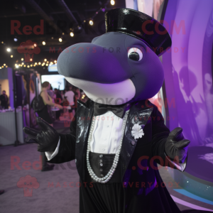Purple Humpback Whale mascot costume character dressed with a Tuxedo and Necklaces