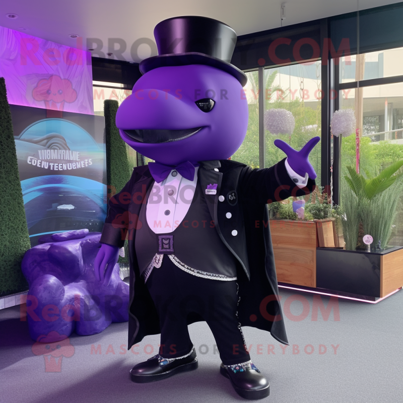 Purple Humpback Whale mascot costume character dressed with a Tuxedo and Necklaces