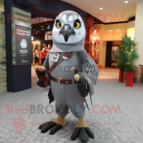 Gray Falcon mascot costume character dressed with a Oxford Shirt and Shawl pins