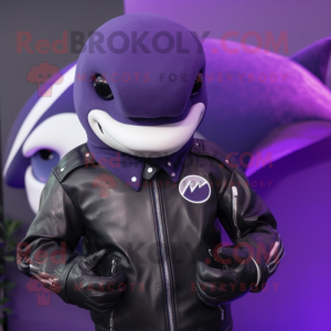 Purple Killer Whale mascot costume character dressed with a Moto Jacket and Lapel pins