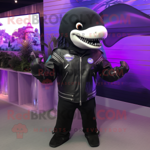 Purple Killer Whale mascot costume character dressed with a Moto Jacket and Lapel pins