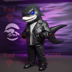 Purple Killer Whale mascot costume character dressed with a Moto Jacket and Lapel pins