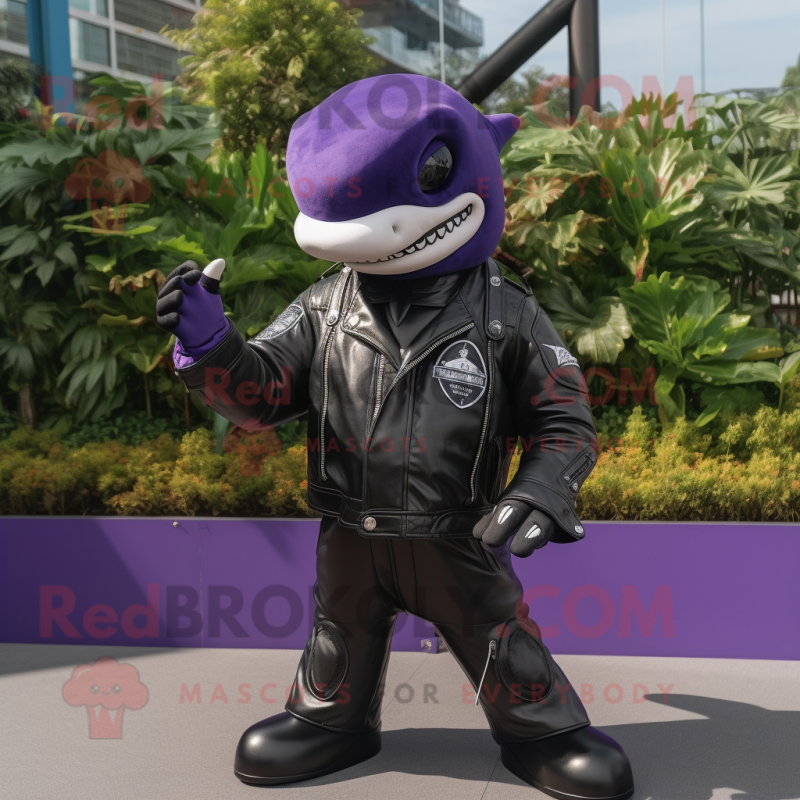 Purple Killer Whale mascot costume character dressed with a Moto Jacket and Lapel pins