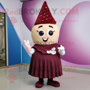 Maroon Ice Cream Cone mascot costume character dressed with a Skirt and Caps