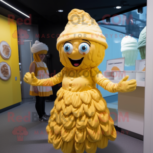 Yellow Cupcake mascot costume character dressed with a Wrap Dress and Hats