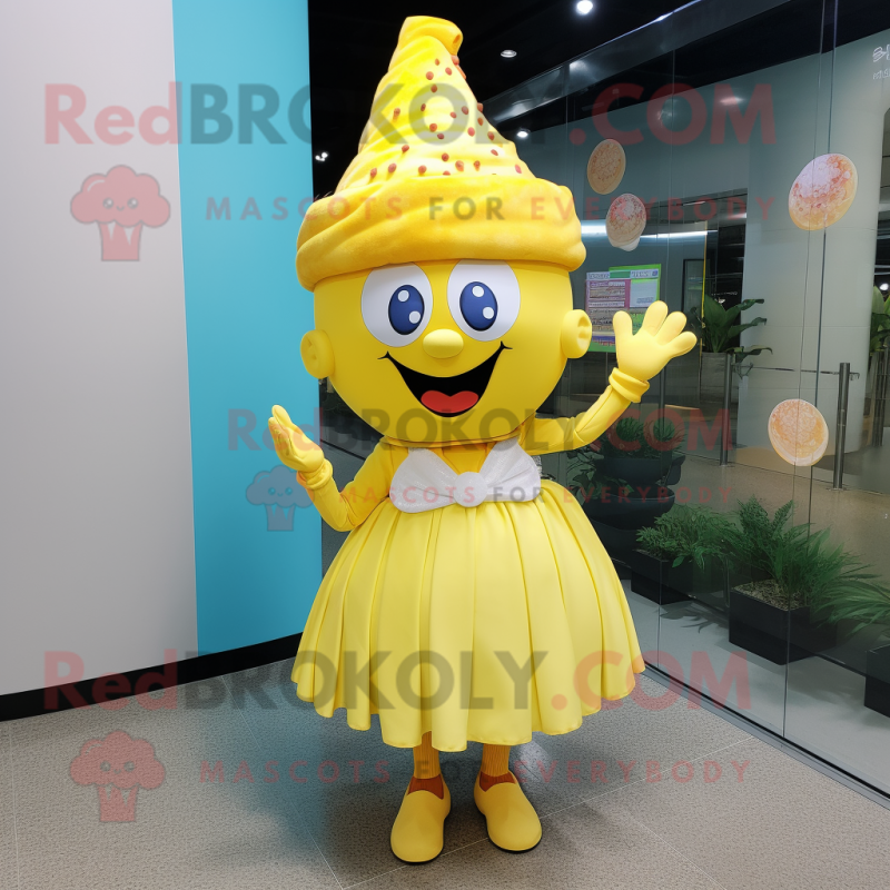 Yellow Cupcake mascot costume character dressed with a Wrap Dress and Hats Yellow Cupcake mascot costume character dressed with a Wrap Dress and Hats