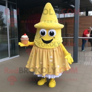 Yellow Cupcake mascot costume character dressed with a Wrap Dress and Hats