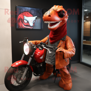 Red Parasaurolophus mascot costume character dressed with a Moto Jacket and Scarves