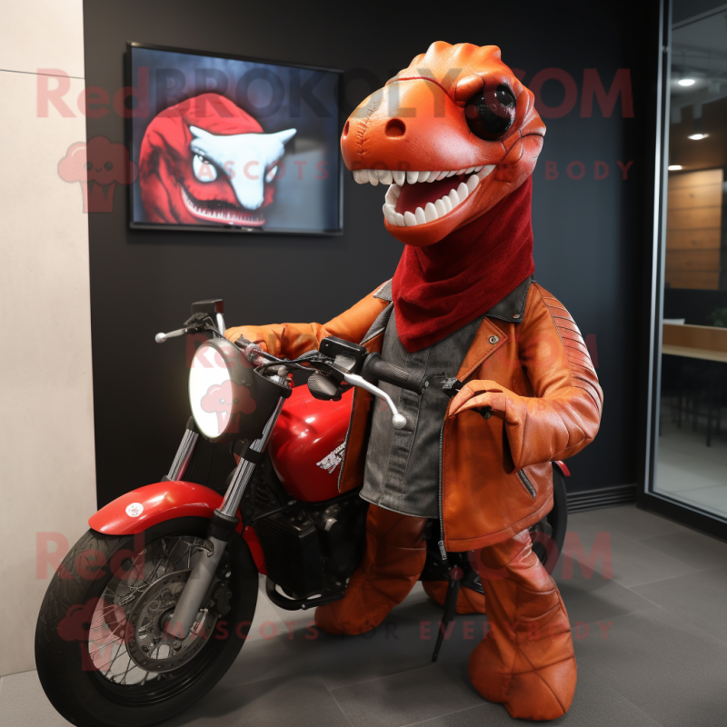 Red Parasaurolophus mascot costume character dressed with a Moto Jacket and Scarves Red Parasaurolophus mascot costume character dressed with a Moto Jacket and Scarves