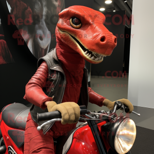 Red Parasaurolophus mascot costume character dressed with a Moto Jacket and Scarves