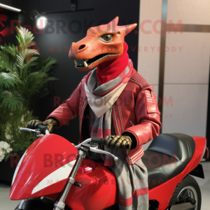 Red Parasaurolophus mascot costume character dressed with a Moto Jacket and Scarves