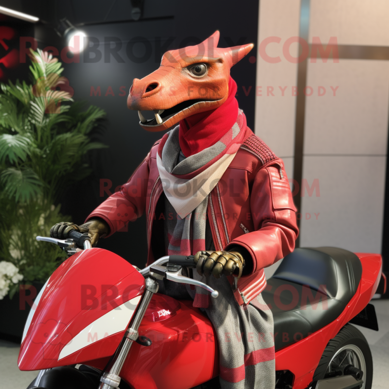 Red Parasaurolophus mascot costume character dressed with a Moto Jacket and Scarves Red Parasaurolophus mascot costume character dressed with a Moto Jacket and Scarves