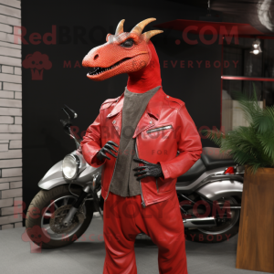 Red Parasaurolophus mascot costume character dressed with a Moto Jacket and Scarves