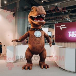 Brown T Rex mascot costume character dressed with a Ball Gown and Smartwatches