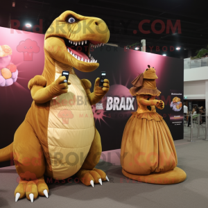 Brown T Rex mascot costume character dressed with a Ball Gown and Smartwatches