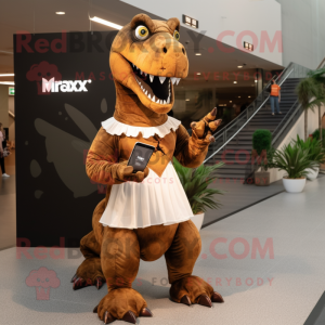 Brown T Rex mascot costume character dressed with a Ball Gown and Smartwatches